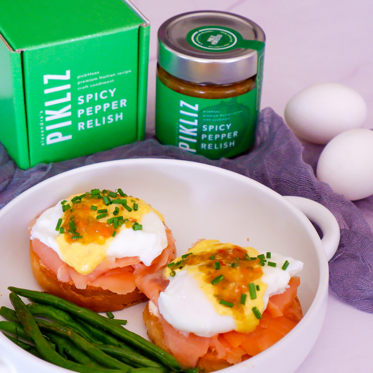 Smoked Salmon Egg Benedict with Alexandra’s Pikliz