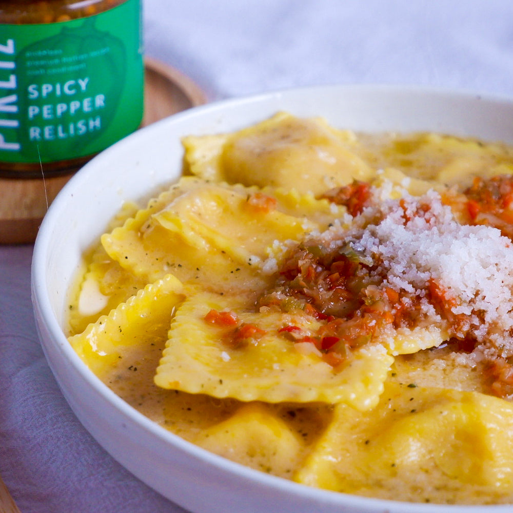 Ravioli in Sage Brown Butter Sauce with Alexandra’s Pikliz